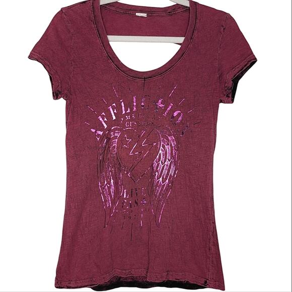 Vintage Y2K Affliction Reversible Open Back Chrome Winged Heart Graphic Tee SM - Picture 1 of 5